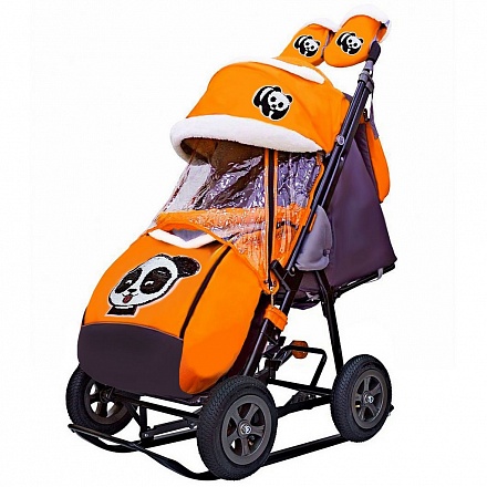 Санки-коляска Snow Galaxy City-1-1, дизайн - Панда на оранжевом, на больших надувных колёсах с сумкой и варежками 